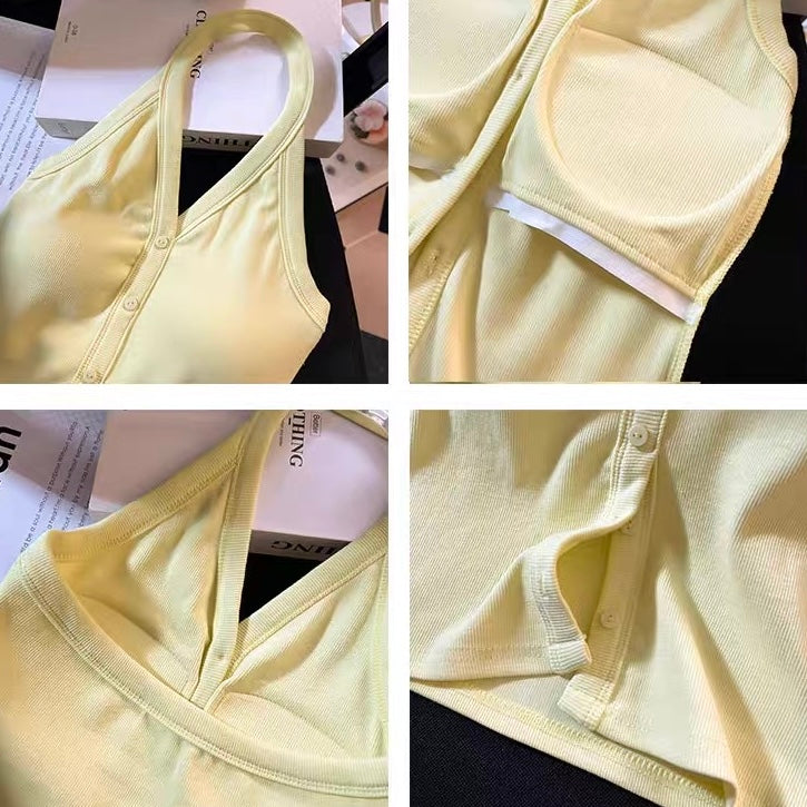 Prague Buttoned Halter Built-In Bra Tank Top